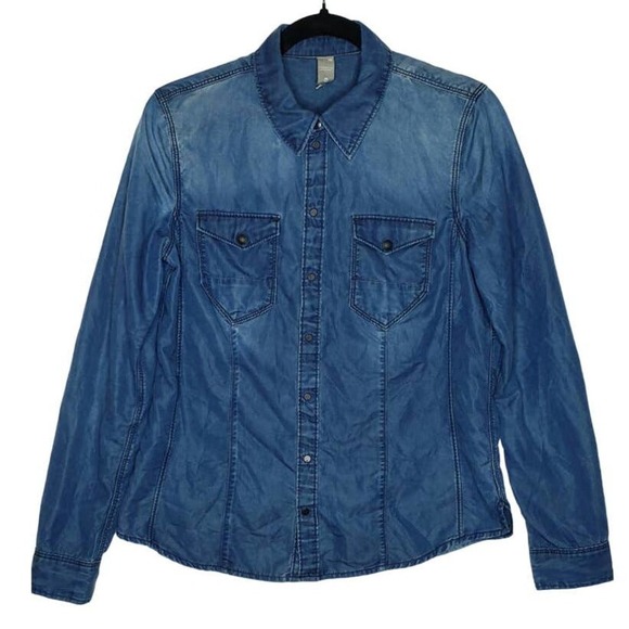 G Star Raw Women's Medium Tacoma Straight Shirt Denim Chambray Snap Lyocell Blue - Picture 1 of 8